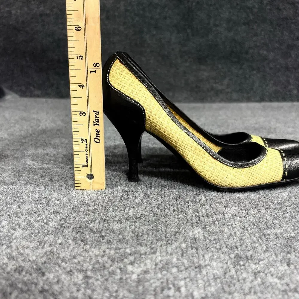 Prada Shoes Womens 5.5 EU 35.5 Beige Black Leather Woven Cap Toe Pumps Heels